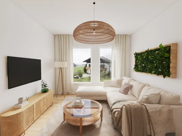 Ruhepol – Wohnbereich mit beigem Ecksofa und Rattan-Pendelleuchte