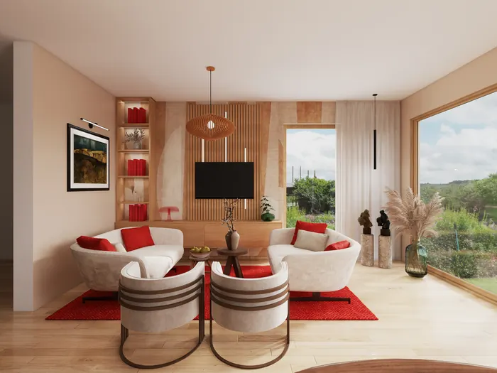 Wohnzimmer mit cremefarbenen Sesseln, roten Akzenten und Holzlamellenwand
